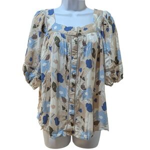 Caffe Marrakesh Floral Button Front Blouse Blue Tan Boho Cottagecore Top Medium